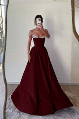 Off the Shoulder Long Pleated Prom Dress with Beading