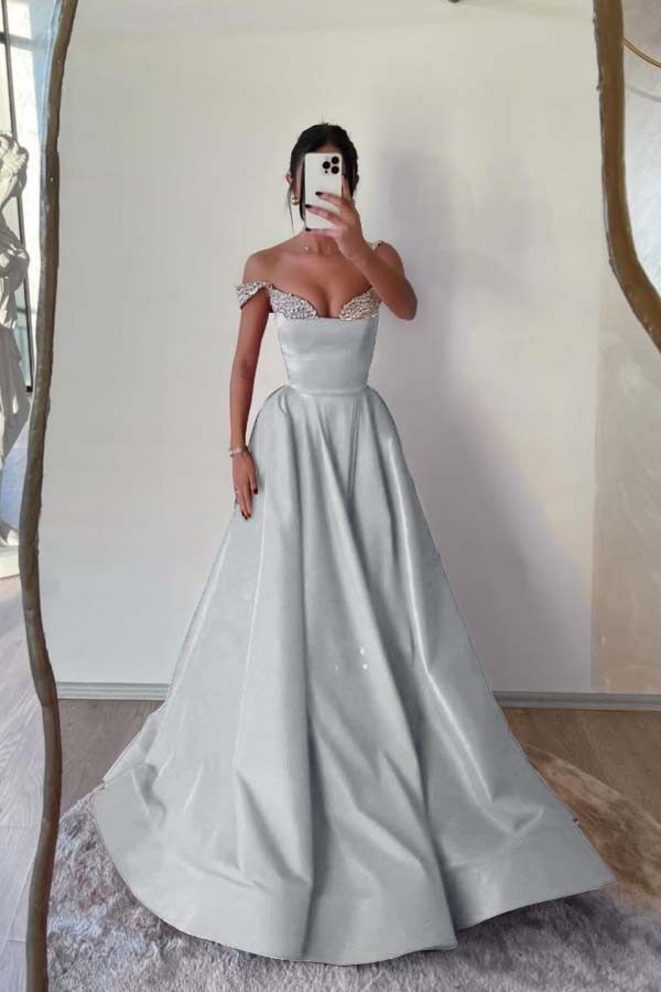 Off the Shoulder Long Pleated Prom Dress with Beading