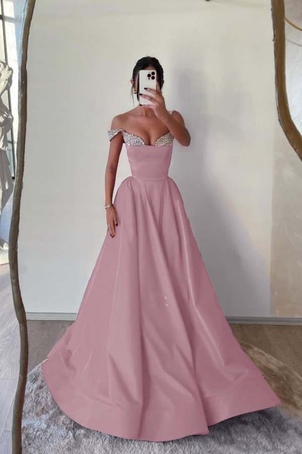 Off the Shoulder Long Pleated Prom Dress with Beading