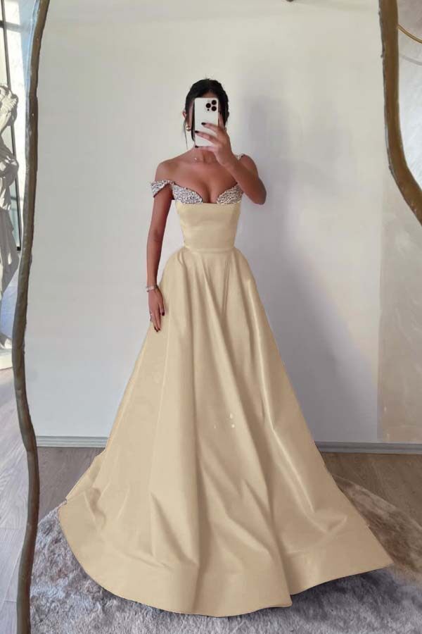 Off the Shoulder Long Pleated Prom Dress with Beading