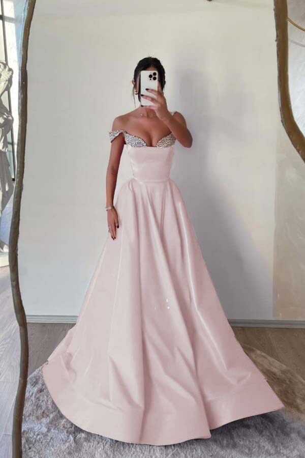 Off the Shoulder Long Pleated Prom Dress with Beading