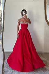 Off the Shoulder Long Pleated Prom Dress with Beading