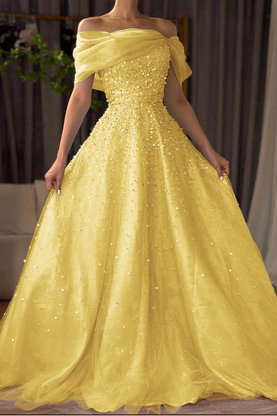 Off the Shoulder Long Prom Dress with Beading and Tulle