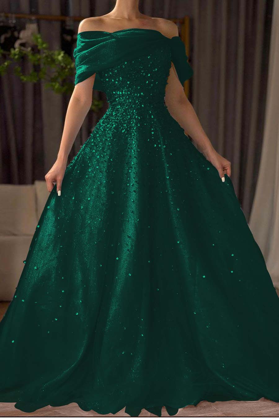 Off the Shoulder Long Prom Dress with Beading and Tulle