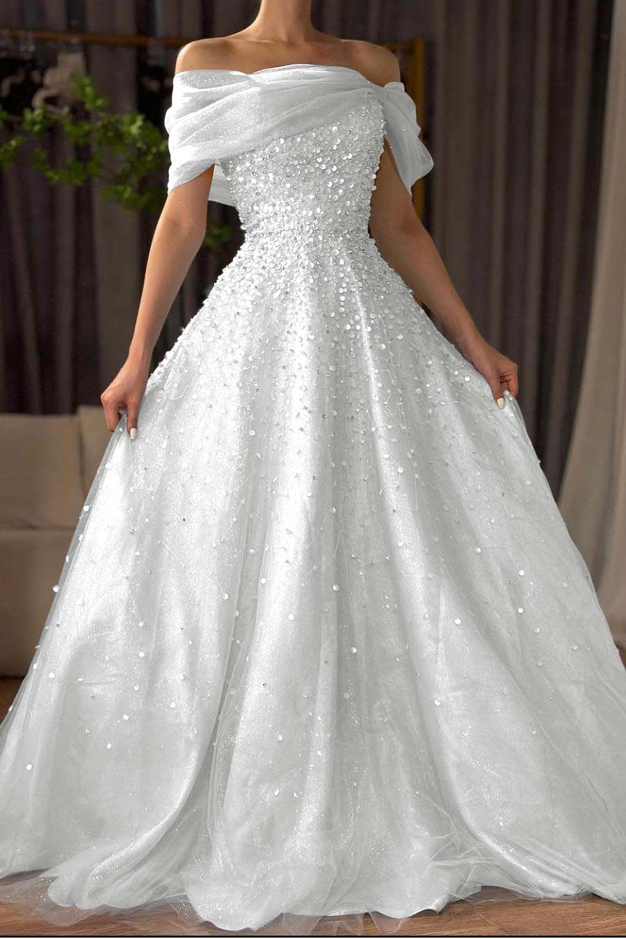Off the Shoulder Long Prom Dress with Beading and Tulle