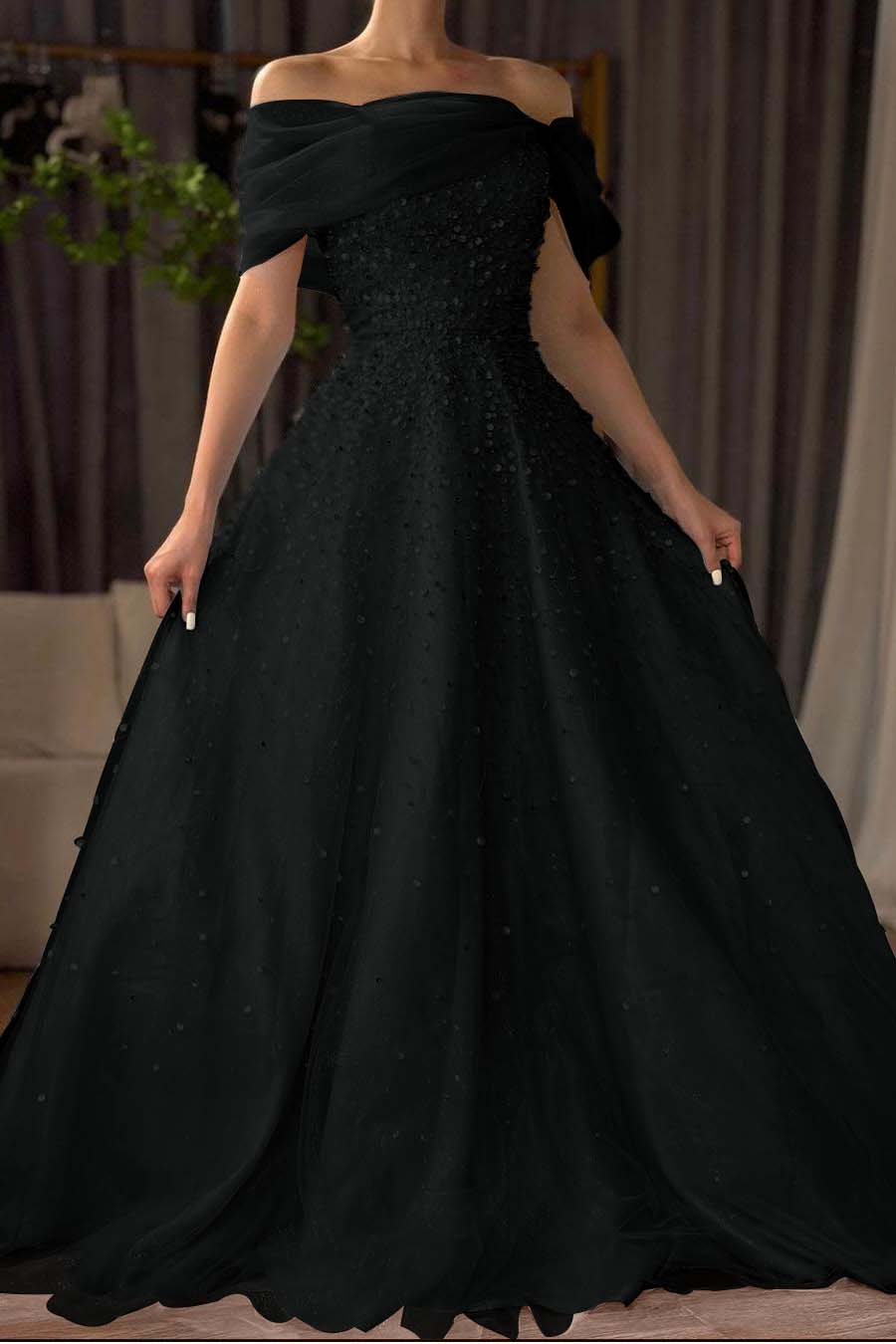 Off the Shoulder Long Prom Dress with Beading and Tulle