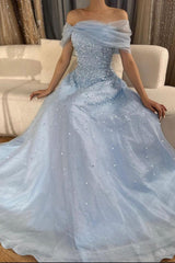 Off the Shoulder Long Prom Dress with Beading and Tulle