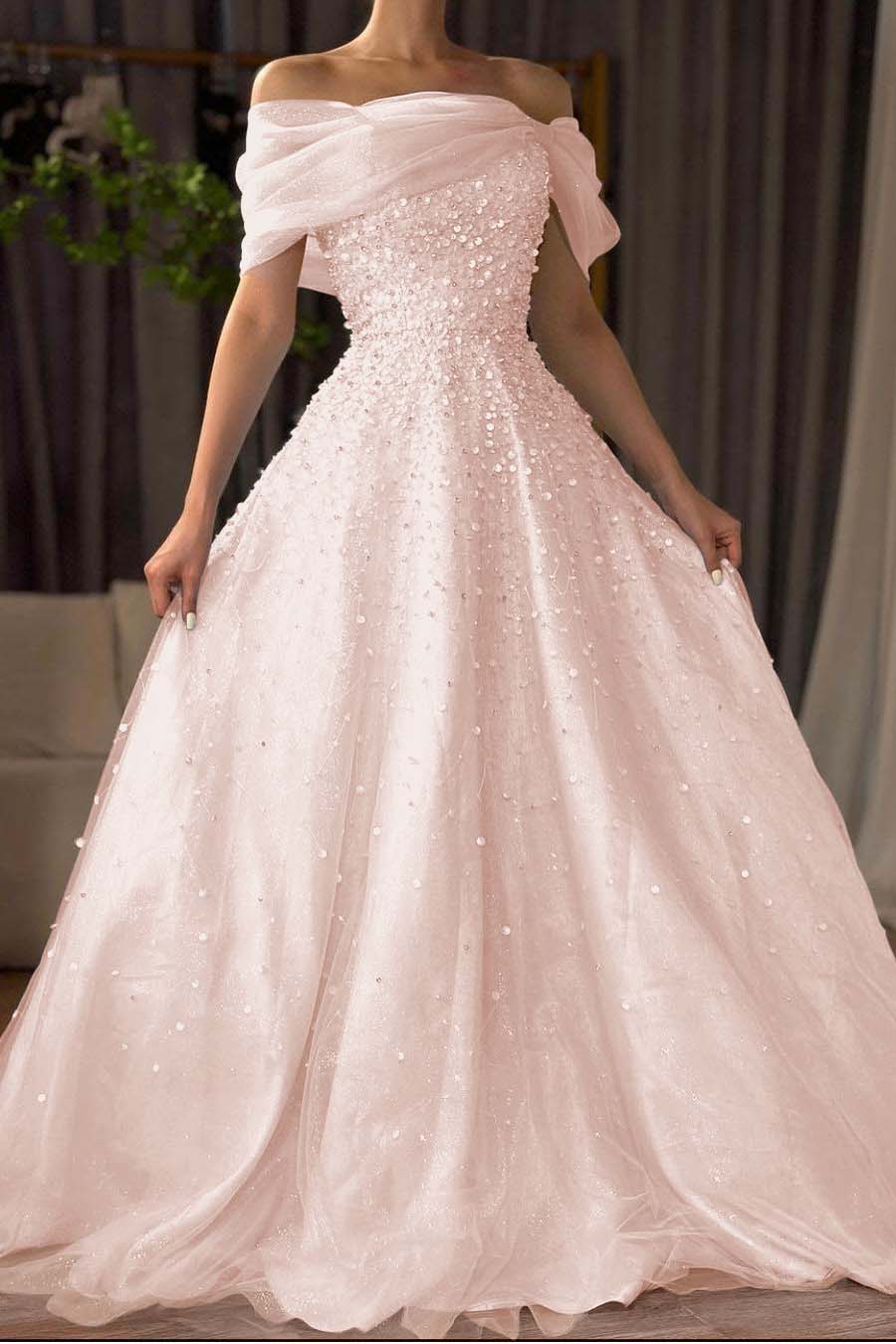 Off the Shoulder Long Prom Dress with Beading and Tulle