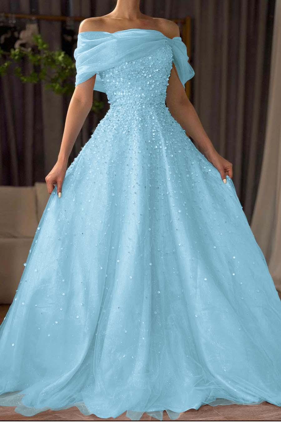 Off the Shoulder Long Prom Dress with Beading and Tulle