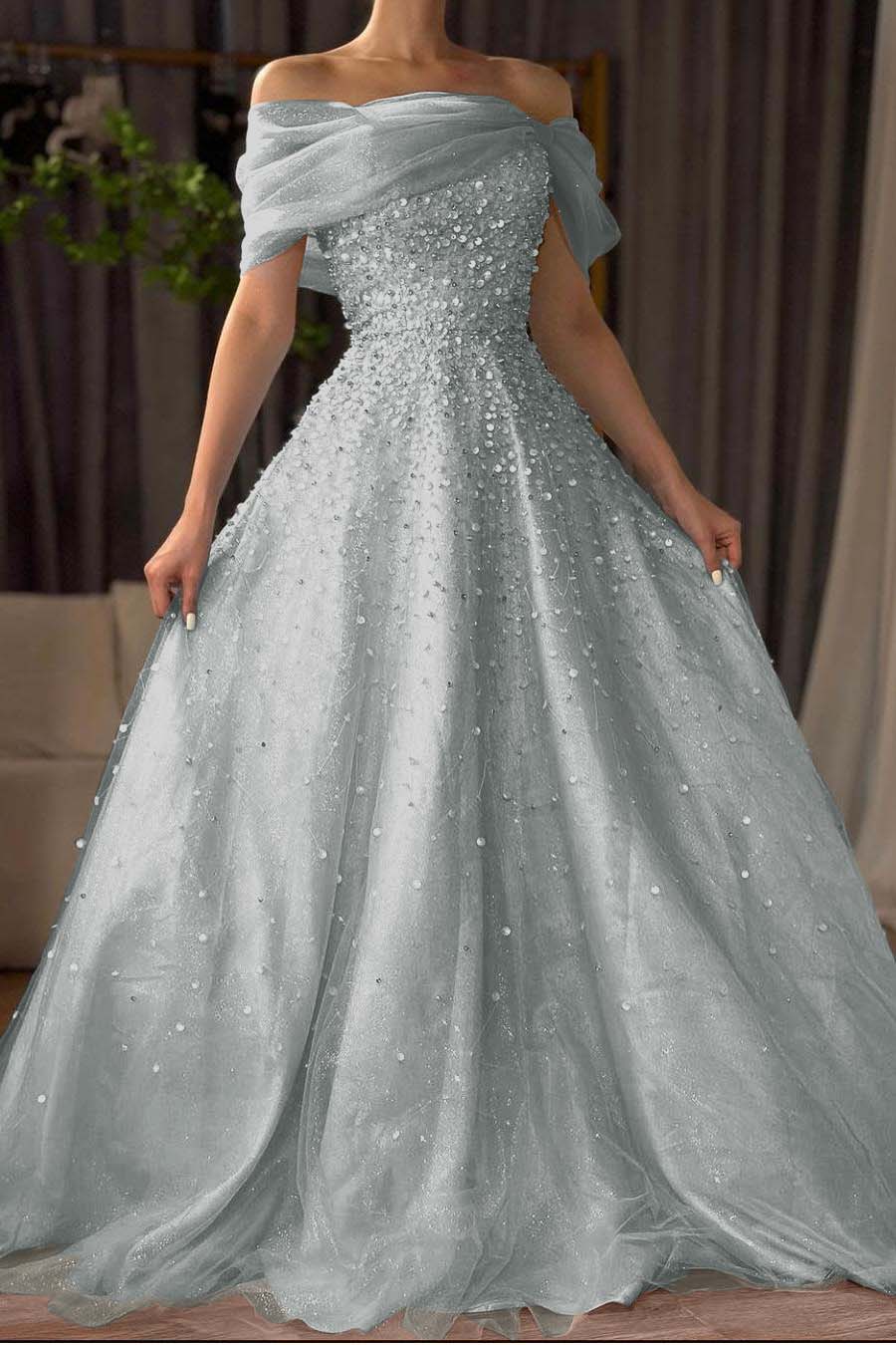 Off the Shoulder Long Prom Dress with Beading and Tulle