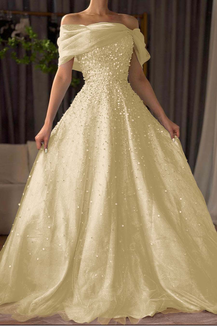 Off the Shoulder Long Prom Dress with Beading and Tulle