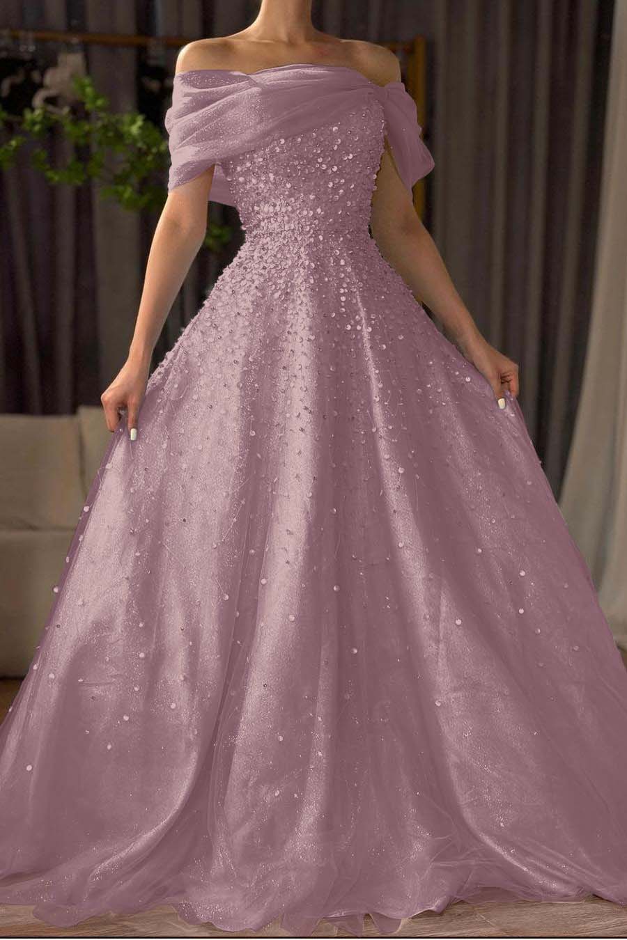 Off the Shoulder Long Prom Dress with Beading and Tulle
