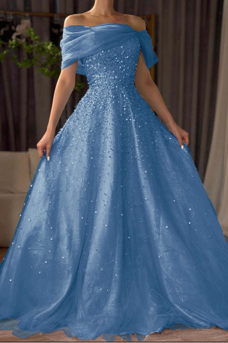 Off the Shoulder Long Prom Dress with Beading and Tulle