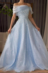 Off the Shoulder Long Prom Dress with Beading and Tulle