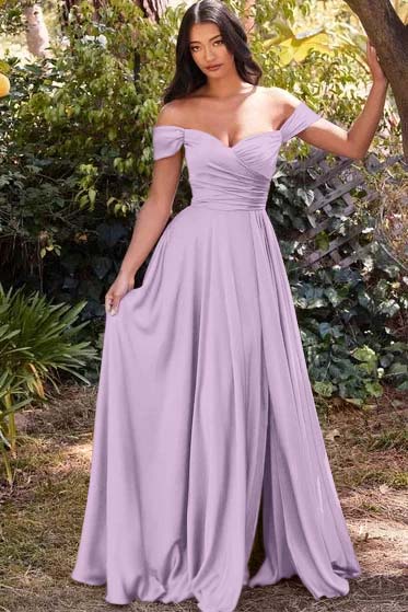 Off the Shoulder Long Prom Dress with Split and Pleats