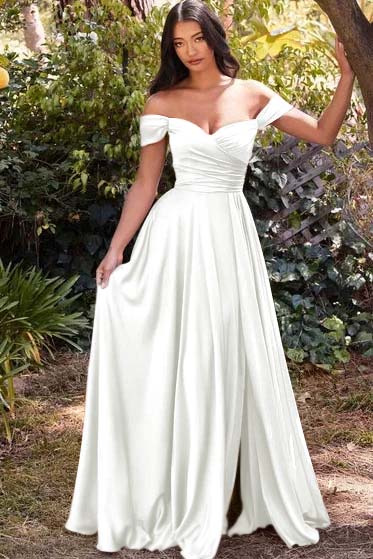 Off the Shoulder Long Prom Dress with Split and Pleats