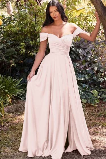 Off the Shoulder Long Prom Dress with Split and Pleats