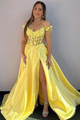 Off the Shoulder Long Split Prom Dress with Appliques