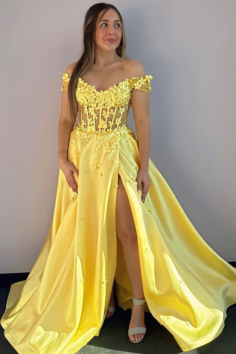 Off the Shoulder Long Split Prom Dress with Appliques