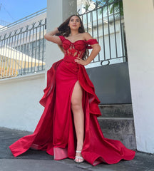 Off the Shoulder Long Split Prom Dress with Embroidery and Ruffles