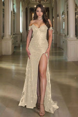 Off the Shoulder Long Prom Dress with Sequins Split