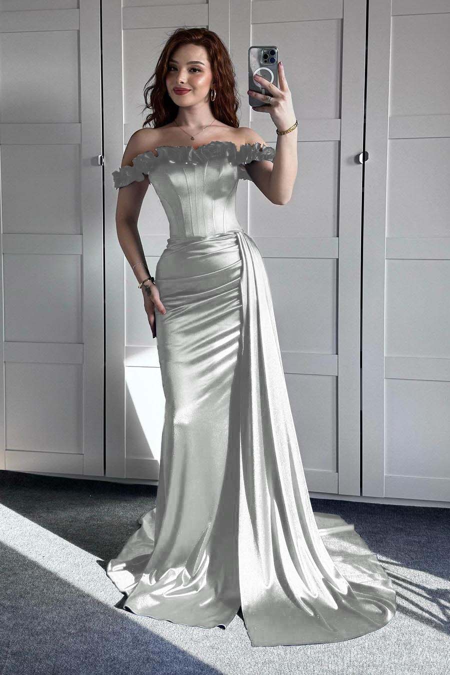 Off the Shoulder Mermaid Long Prom Dress with Ruffles