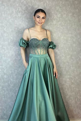 Off-The-Shoulder Spaghetti-Strap Evening Dress with Beading