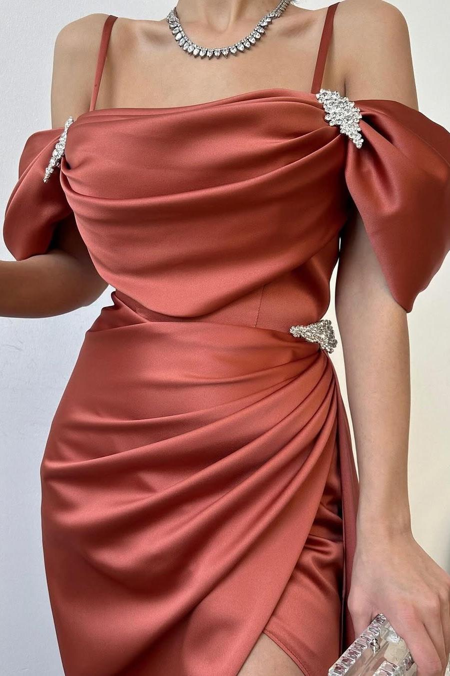 Off the Shoulder Spaghetti Strap Long Prom Dress with Beading and Split