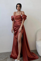 Off the Shoulder Spaghetti Strap Long Prom Dress with Beading and Split