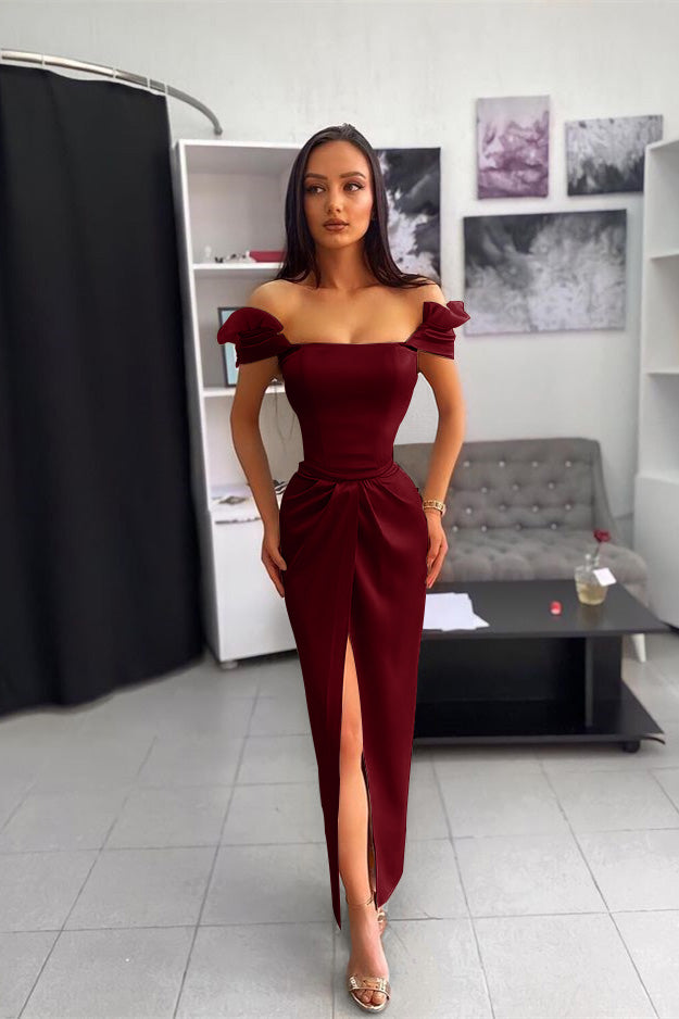 Chic Off the Shoulder Ankle Length Prom Dress with Split