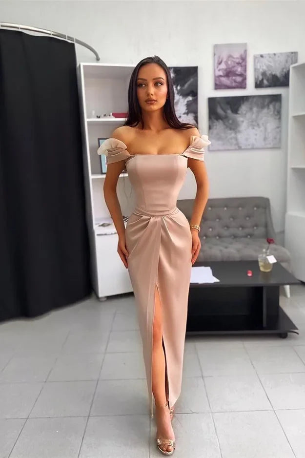 Chic Off the Shoulder Ankle Length Prom Dress with Split