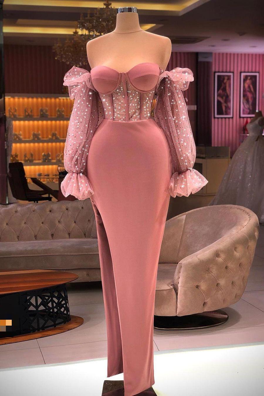Off the Shoulder Long Sleeve Prom Dress with Sequins
