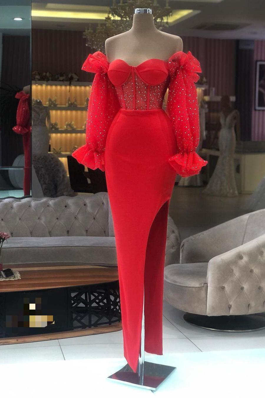 Off the Shoulder Long Sleeve Prom Dress with Sequins