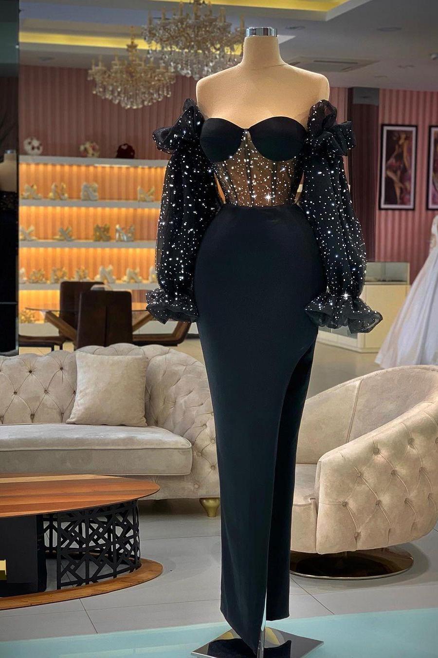 Off the Shoulder Long Sleeve Prom Dress with Sequins