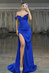 Off the Shoulder Strapless Mermaid Long Prom Dress with Split
