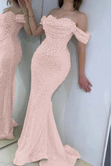 Off the Shoulder Strapless Long Prom Dress with Sequins