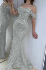 Off the Shoulder Strapless Long Prom Dress with Sequins