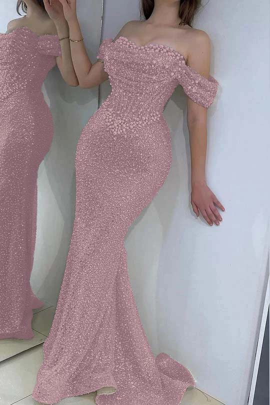 Off the Shoulder Strapless Long Prom Dress with Sequins