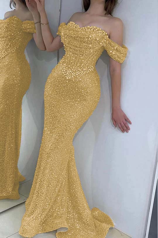 Off the Shoulder Strapless Long Prom Dress with Sequins