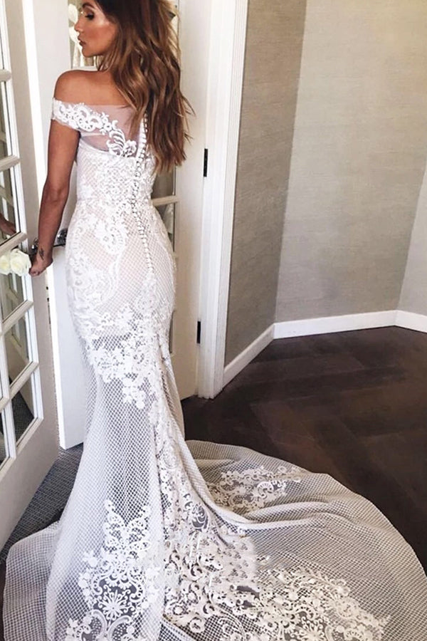 Off-the-Shoulder Sweep Train Mermaid Wedding Dress with Appliques