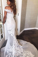 Off-the-Shoulder Sweep Train Mermaid Wedding Dress with Appliques