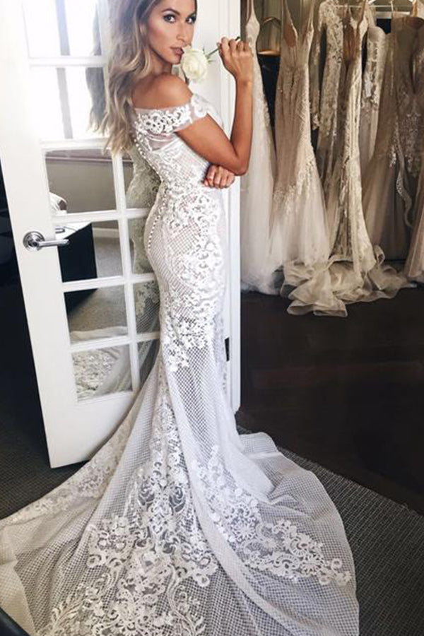 Off-the-Shoulder Sweep Train Mermaid Wedding Dress with Appliques