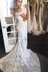 Off-the-Shoulder Sweep Train Mermaid Wedding Dress with Appliques