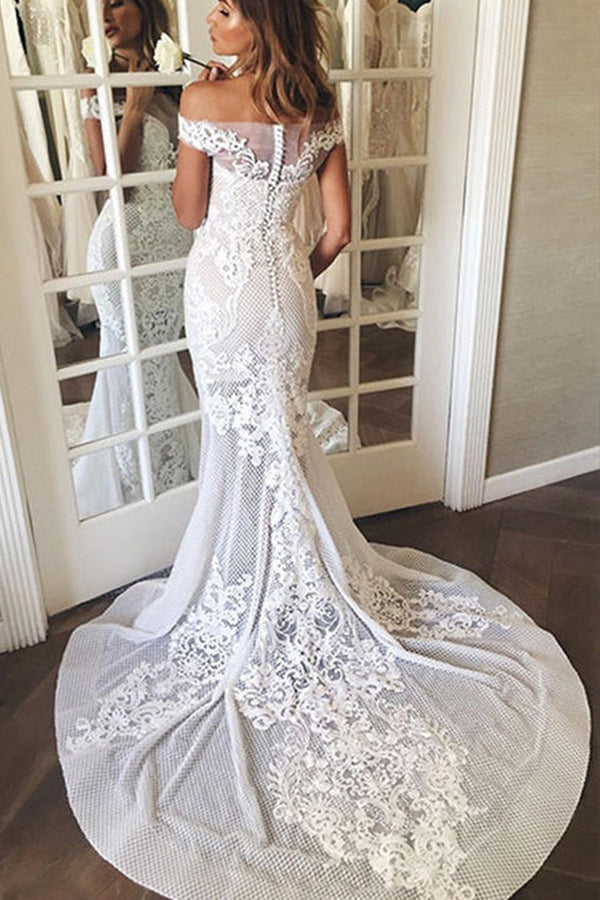Off-the-Shoulder Sweep Train Mermaid Wedding Dress with Appliques
