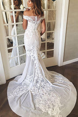 Off-the-Shoulder Sweep Train Mermaid Wedding Dress with Appliques