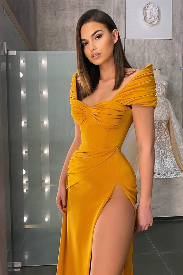 Off the Shoulder Sweetheart Mermaid Long High Split Prom Dress with Pleats