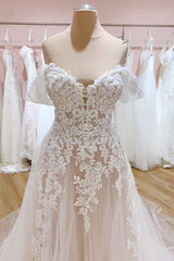 Off-the-Shoulder Train A-Line Wedding Dress with Sweetheart Backless Tulle