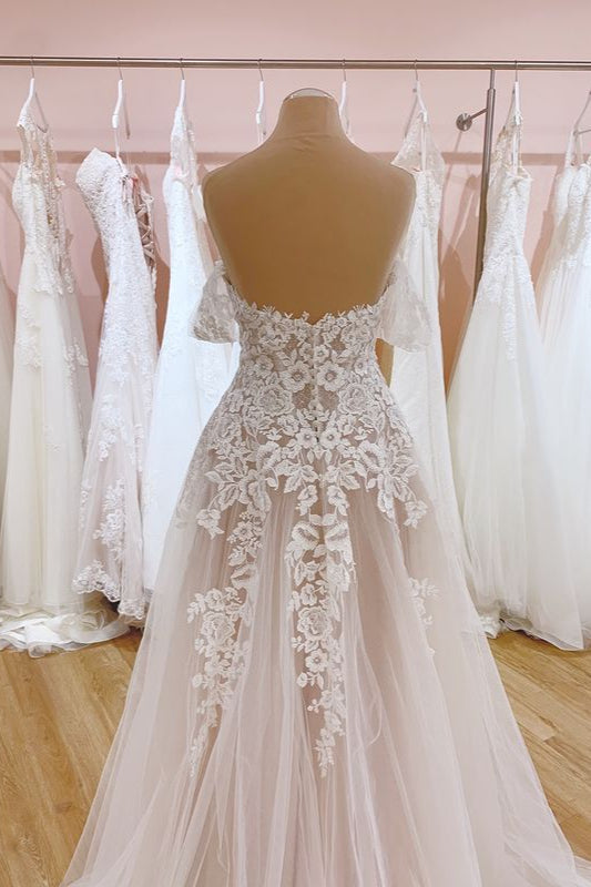 Off-the-Shoulder Train A-Line Wedding Dress with Sweetheart Backless Tulle