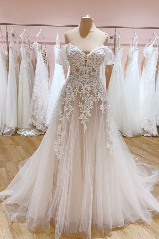 Off-the-Shoulder Train A-Line Wedding Dress with Sweetheart Backless Tulle