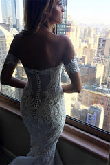 Off-the-Shoulder V-Neck Long Mermaid Wedding Dress with Lace Appliques